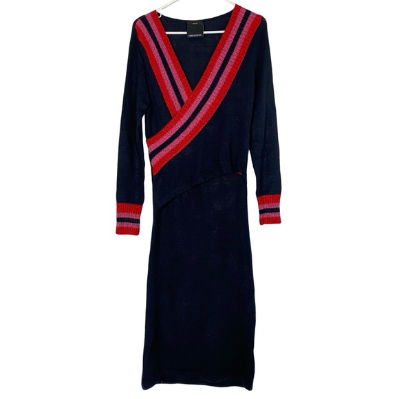 C/MEO Collective Sculpt Knit Dress Womens Size Small Navy Sweater Crossover Wrap - Picture 1 of 13
